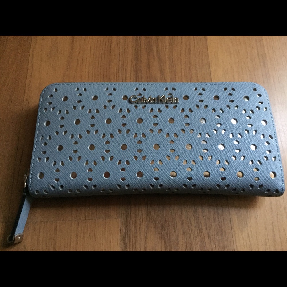 New Calvin Klein Ziparound Sky Blue Leather wallet